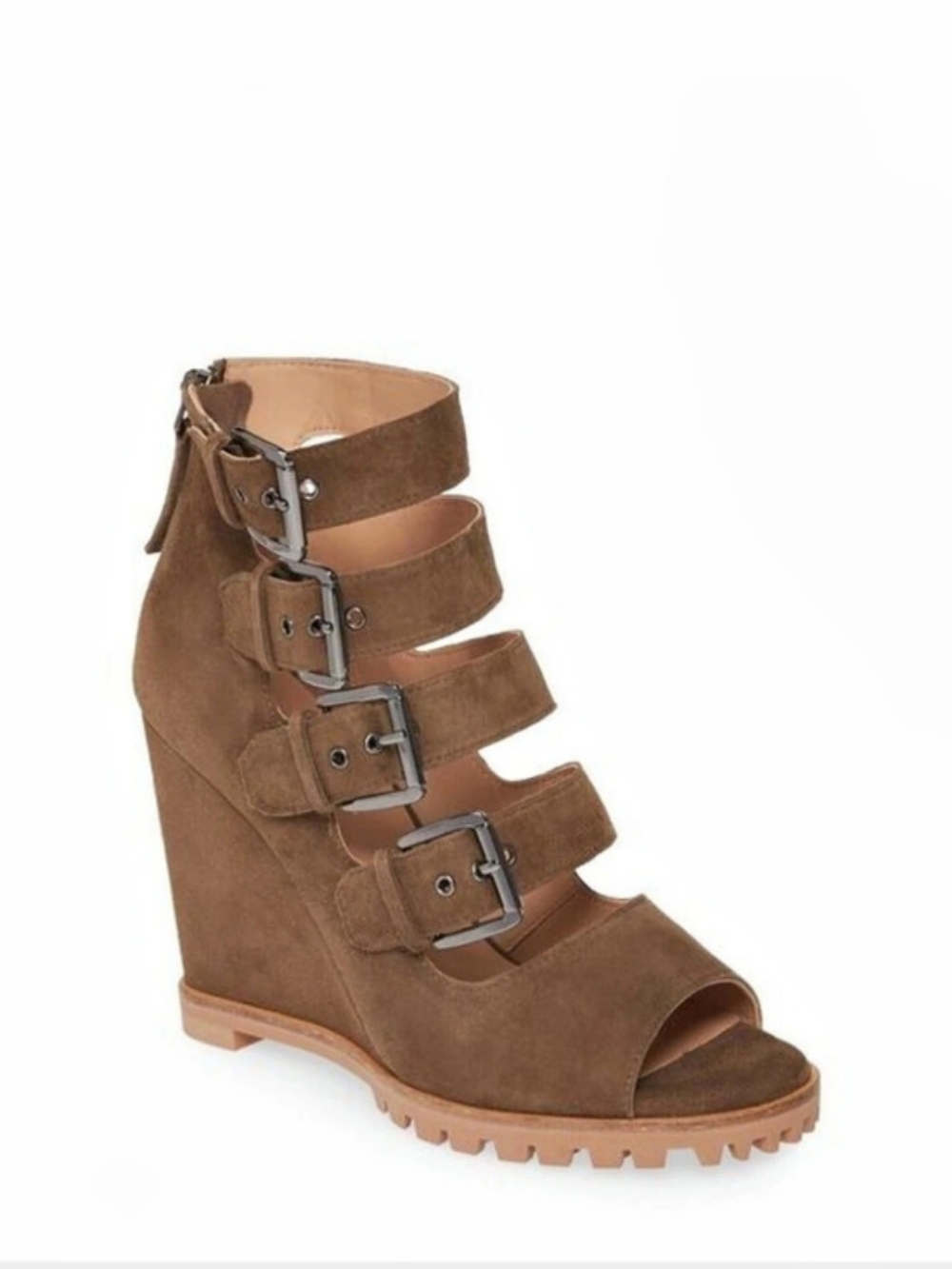 Linea Paolo Buckled Suede Wedge Sandals in Dk Olive New In Box
